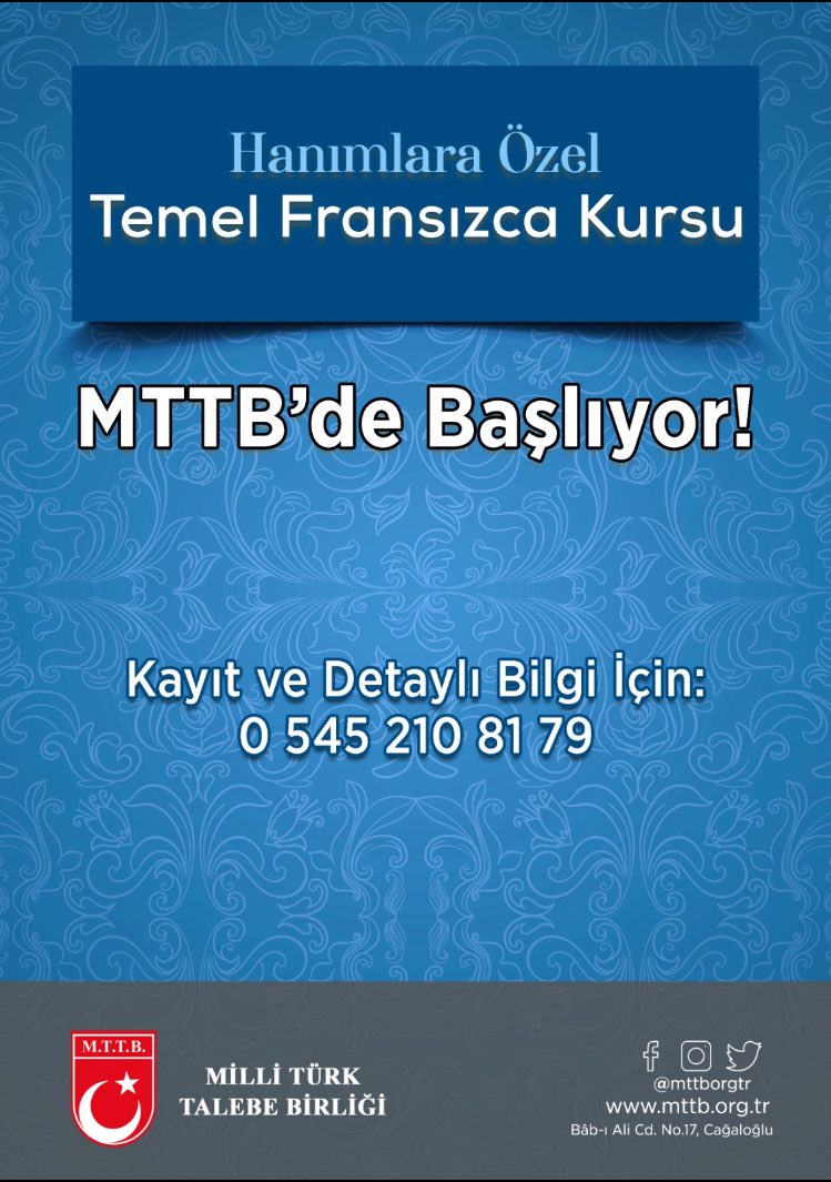 Temel Fransızca Kursu MTTB Genel Merkezi'nde başlıyor!   *Hanımlara Özel