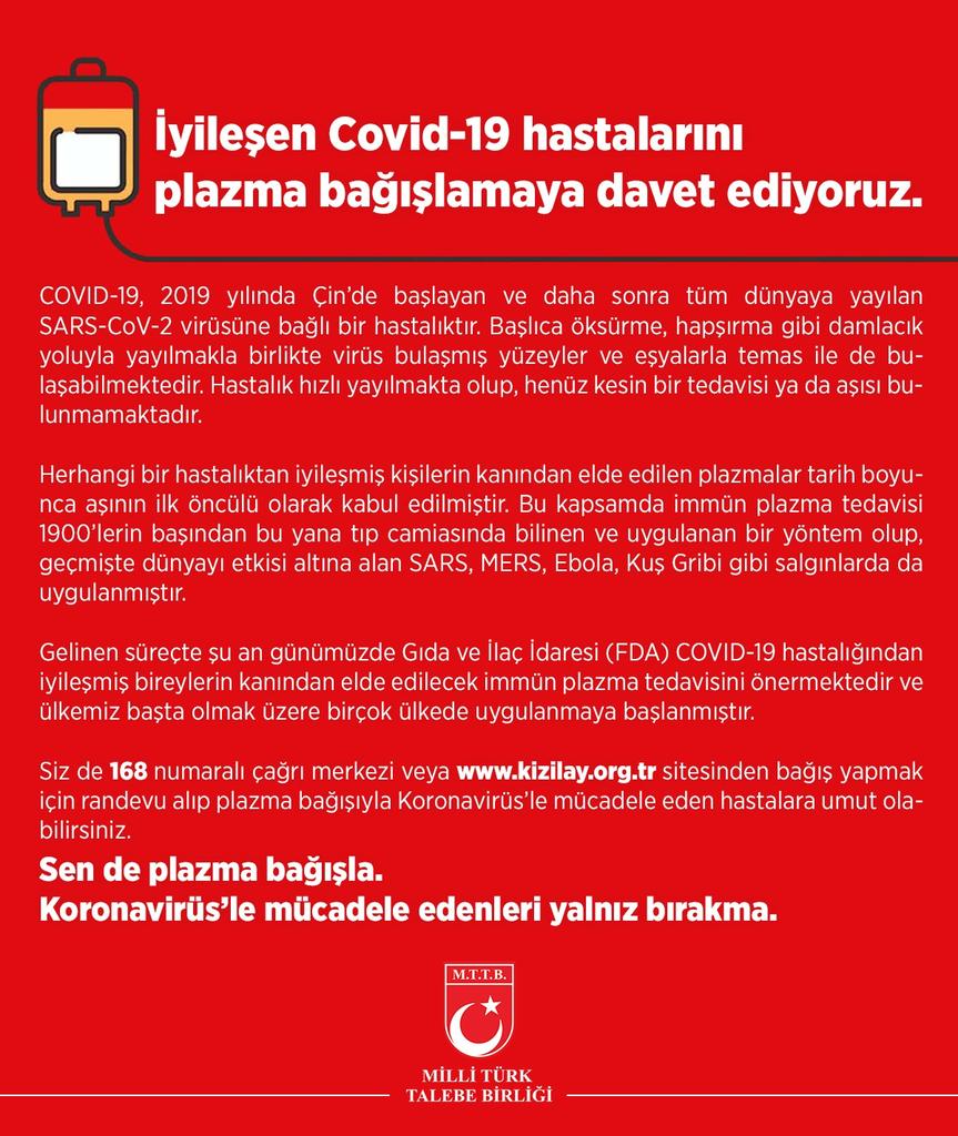 İyileşen Covid-19 Hastalarını Plazma Bağışlamaya Davet Ediyoruz.